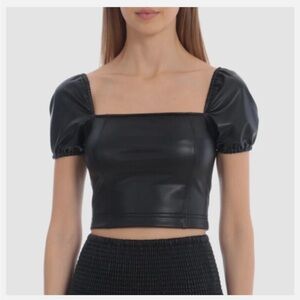 7 For All Mankind Faux Leather Puff Sleeve Crop Top